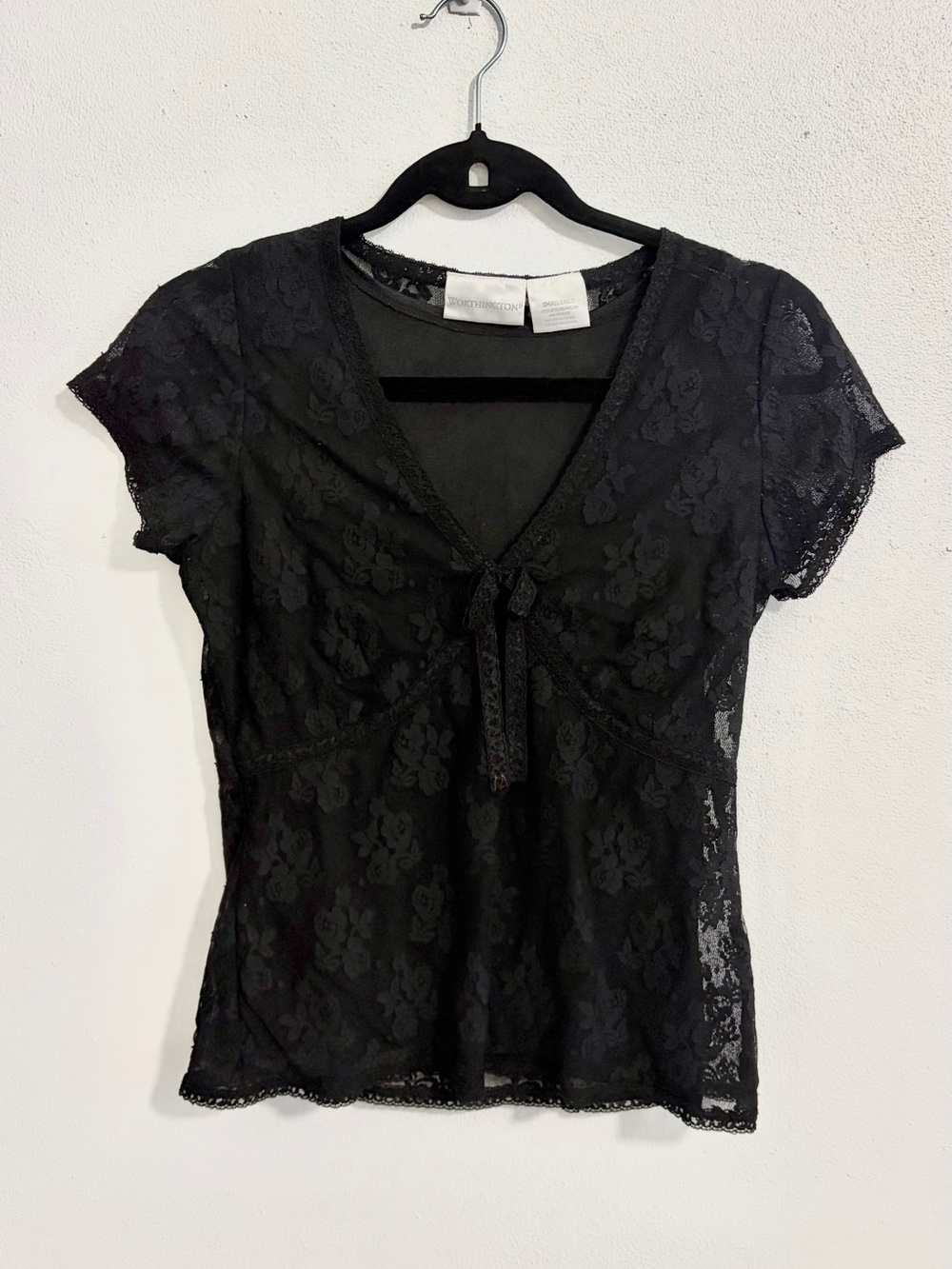 Worthington Black Lace Tie-Front Short Sleeve Top